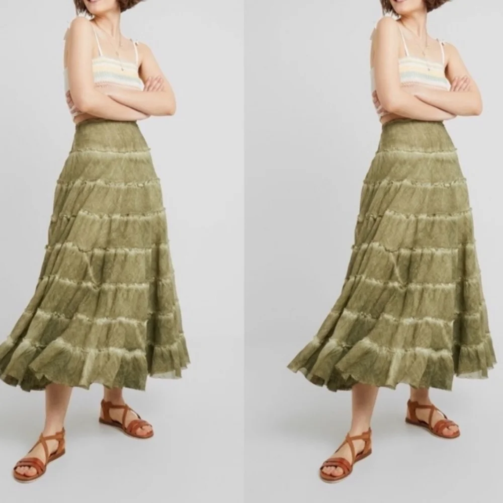 Free People Stuck In A Moment  Maxi Skirt A Line Tiered Ruffle Hem Oregeno S NWT - Picture 12 of 16